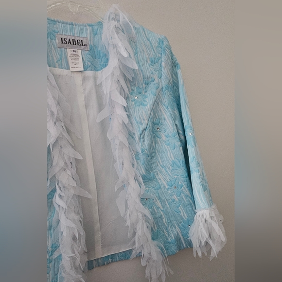 ISABEL Elegant Formal Jacket Turquoise White Rhinestones “Feather” Trim Like New - Picture 6 of 11